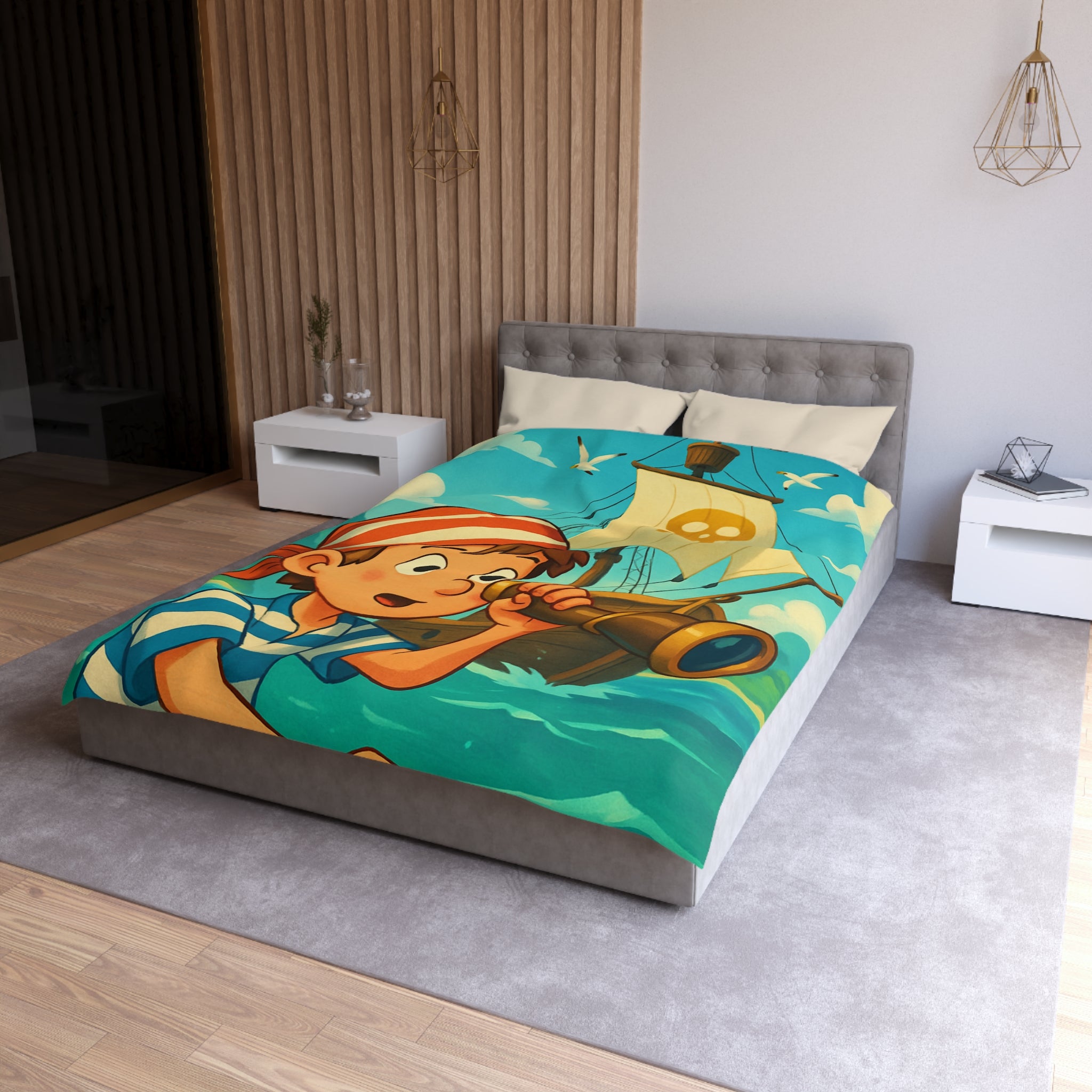 Housse de Couette Pirate Enfantine avec Bateau et Jumelles pour Chambre Aventure