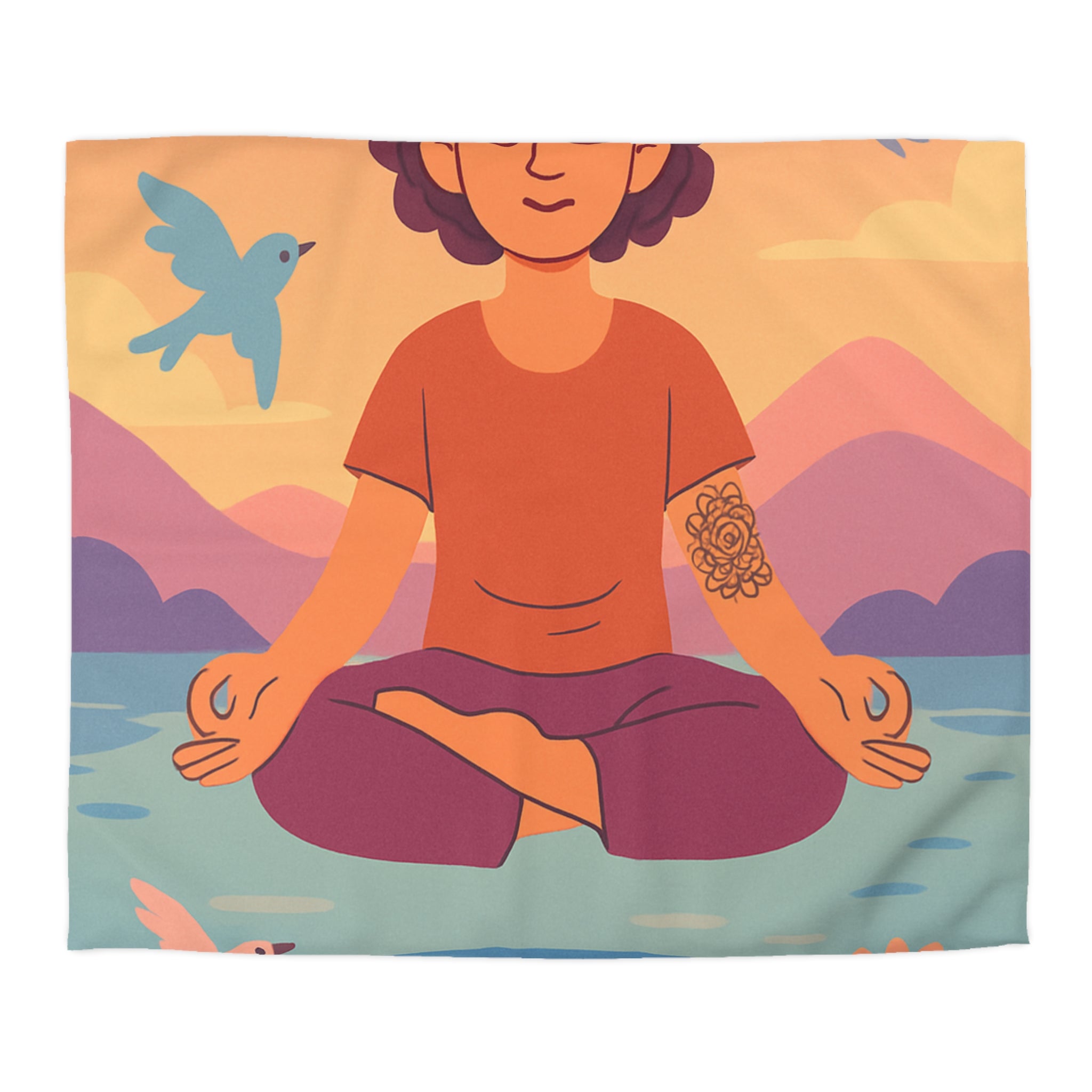 Housse de Couette Zen avec Design Méditation, Lotus et Oiseaux Colorés - Sérénité Nature