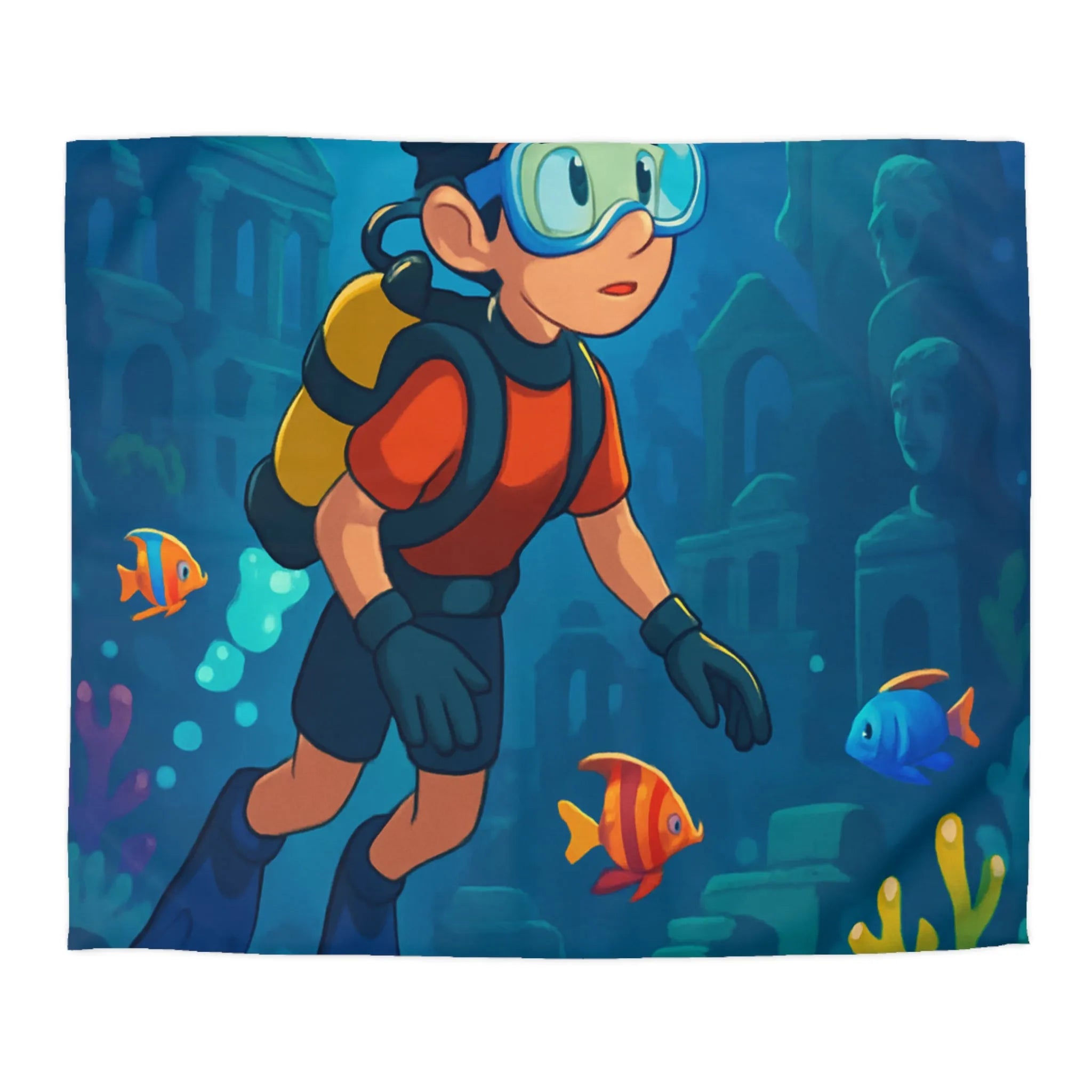 Housse de couette colorée avec plongeur et ruines sous-marines, poissons tropicaux vibrants