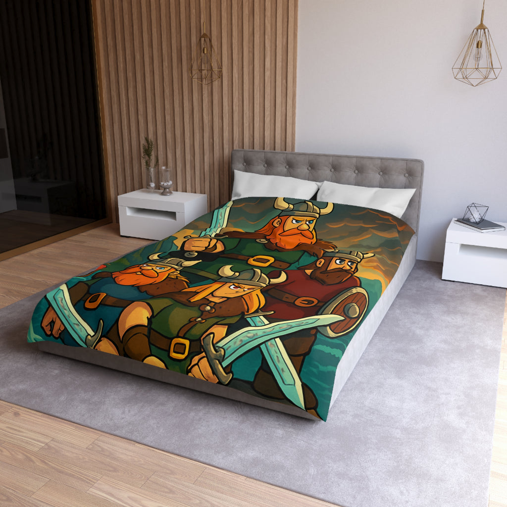 Housse de couette viking épique avec des guerriers et paysage dramatique