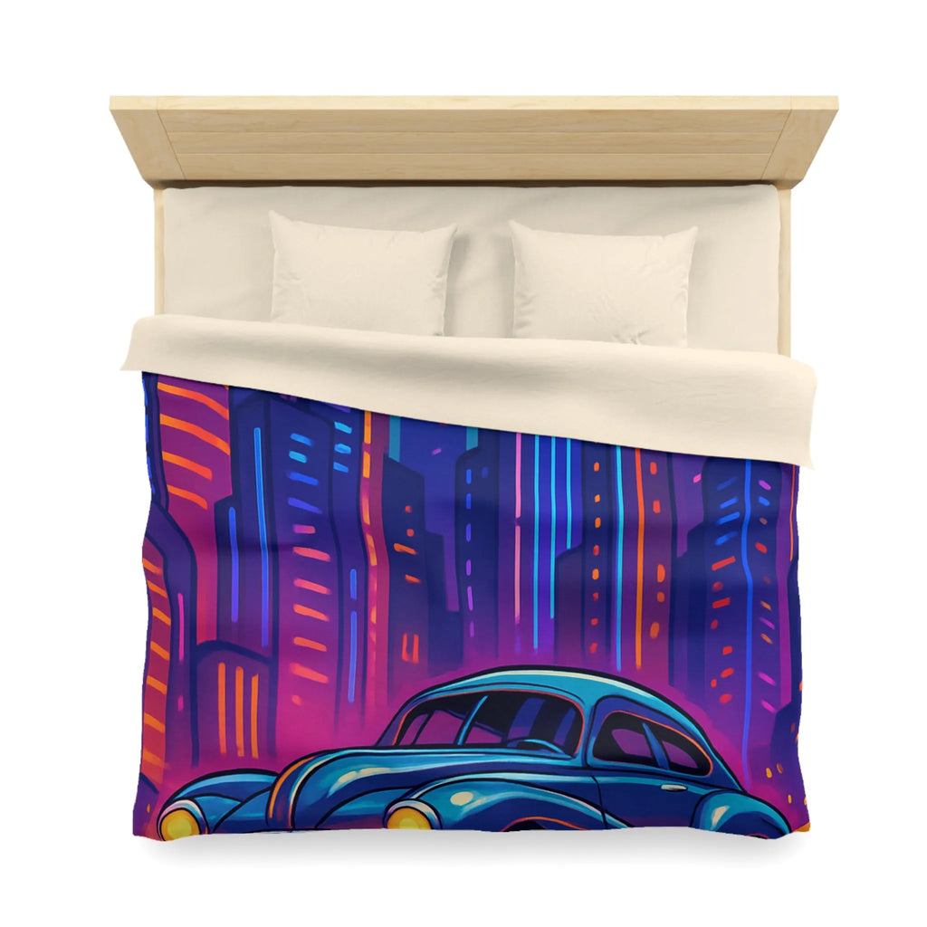 Housse de Couette Futuriste avec Voiture Vintage et Ville Lumineuse Style Néon