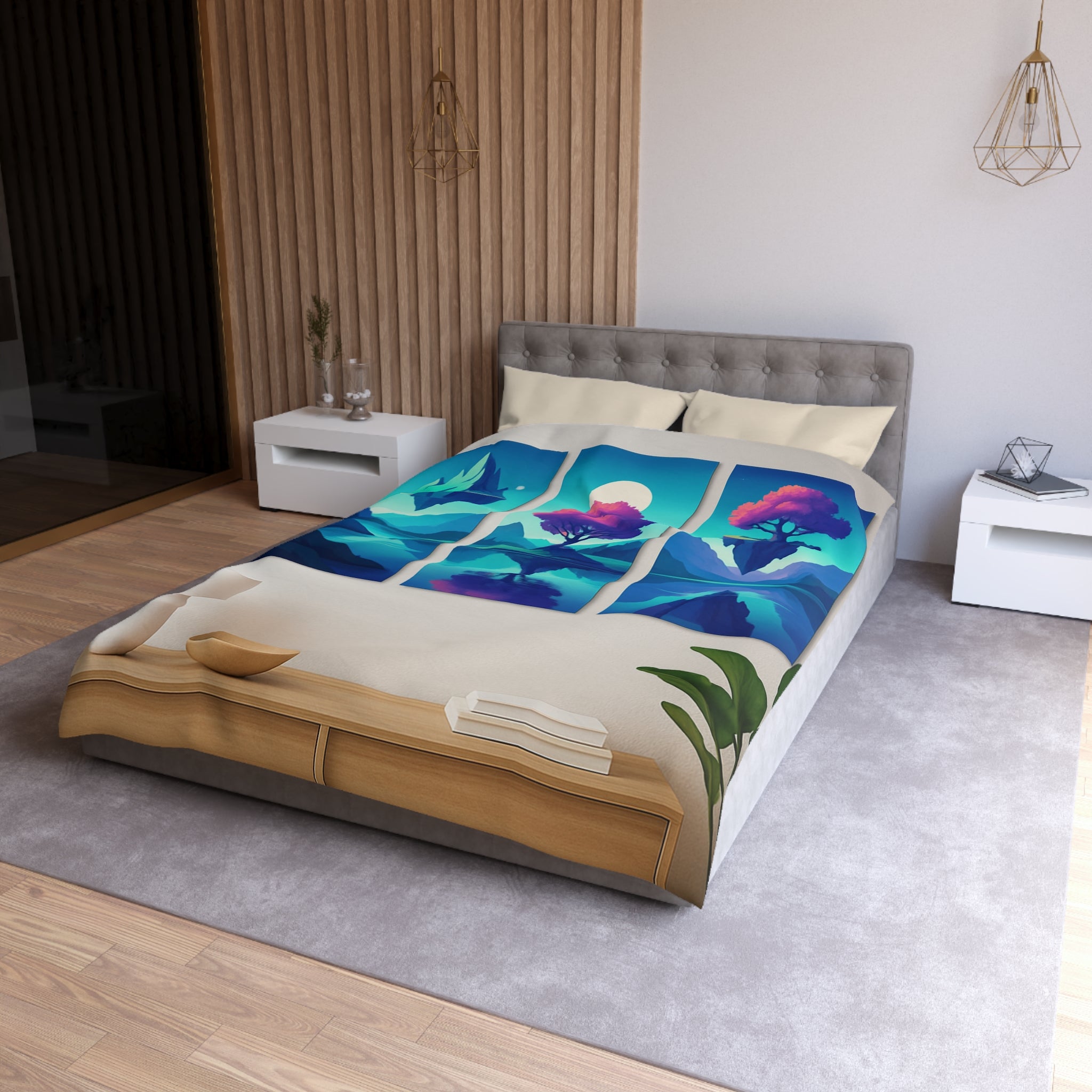Housse de couette paysage flottant magique avec montagnes surréalistes et arbres colorés