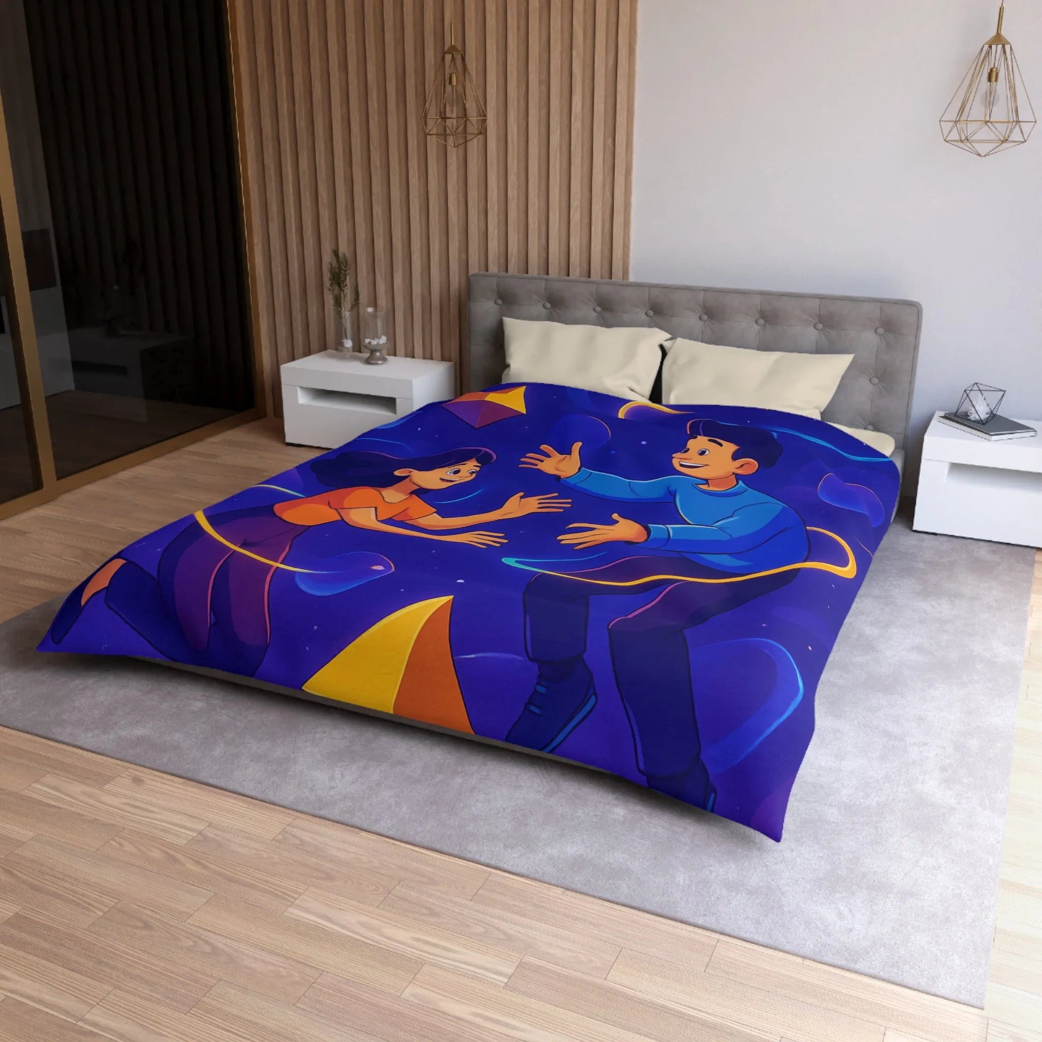 Housse de Couette Design Géométrique Magnifique avec Personnages Colorés et Éléments Spatiaux Vibrants