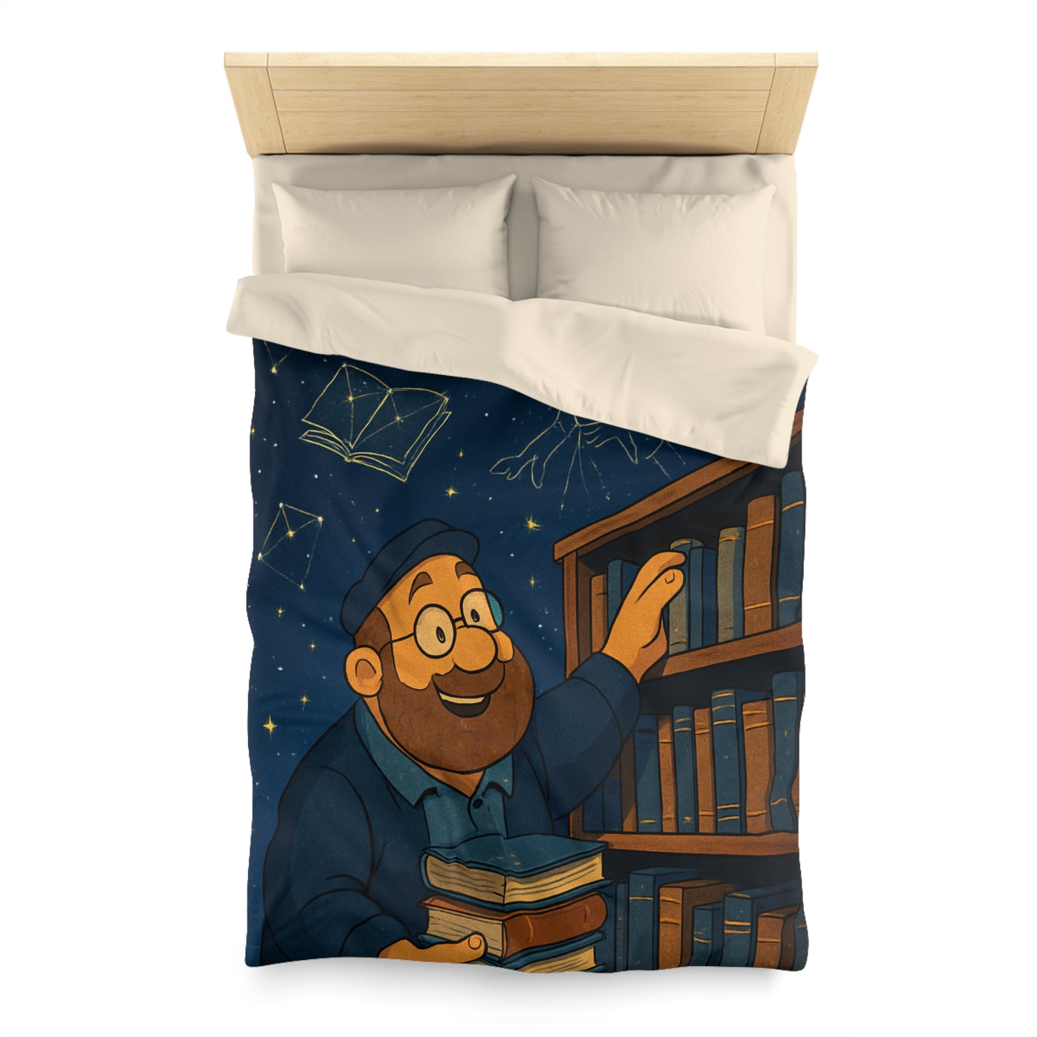 Housse de couette magique avec bibliothécaire sous ciel étoilé et livres animés