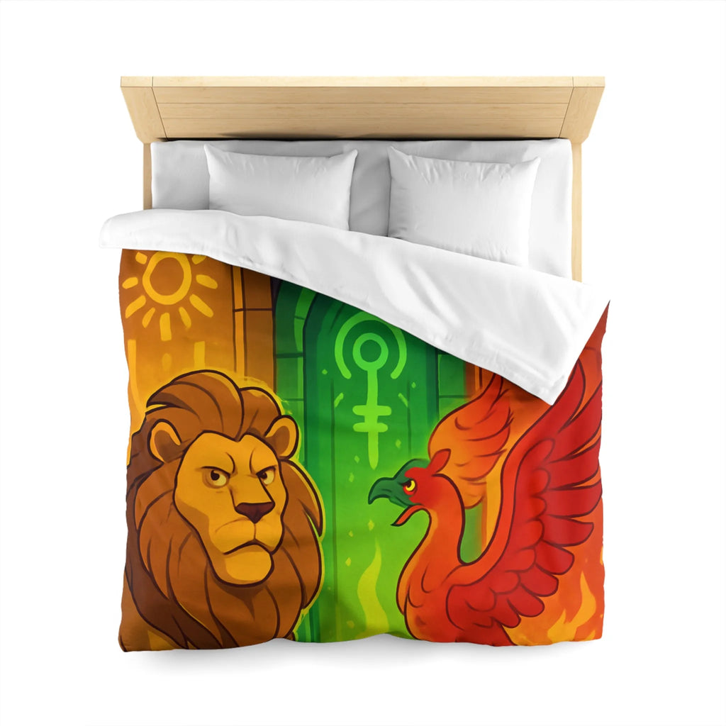 Housse de couette avec motifs lion, serpent et phénix sur fond médiéval magique