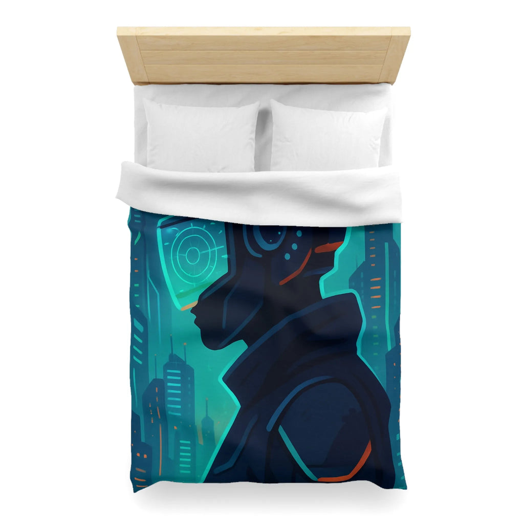 Housse de couette futuriste avec casque de réalité virtuelle et gratte-ciels lumineux