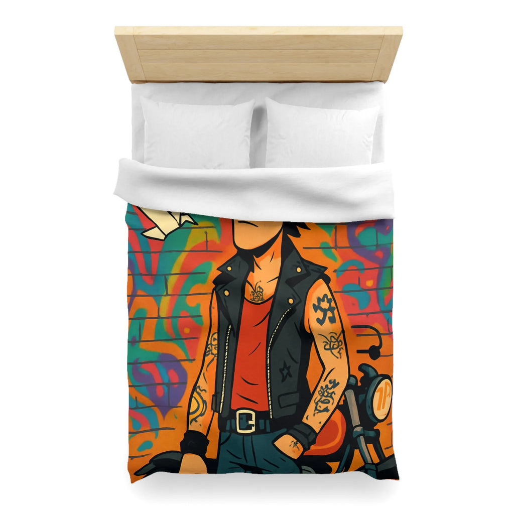 Housse de couette avec imprimé punk, moto et graffitis, ambiance urbaine colorée