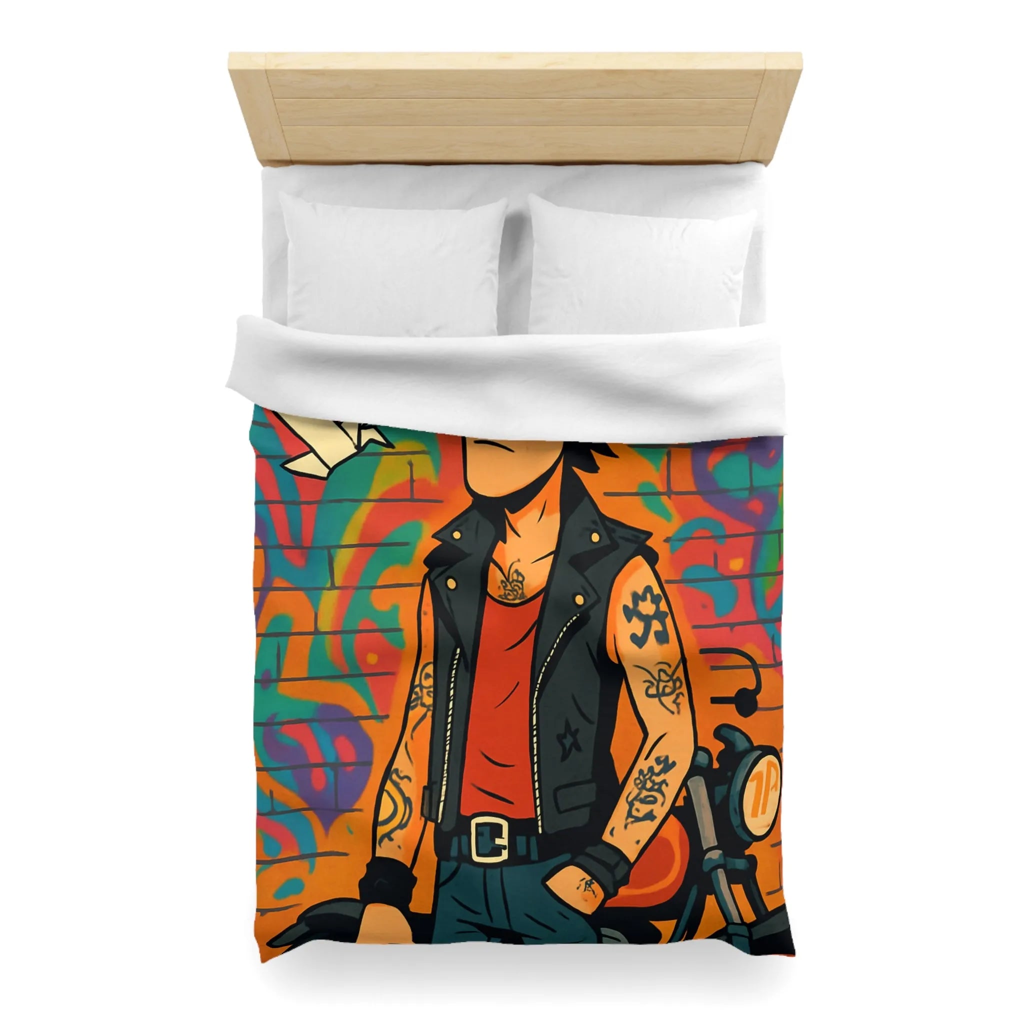 Housse de couette avec imprimé punk, moto et graffitis, ambiance urbaine colorée