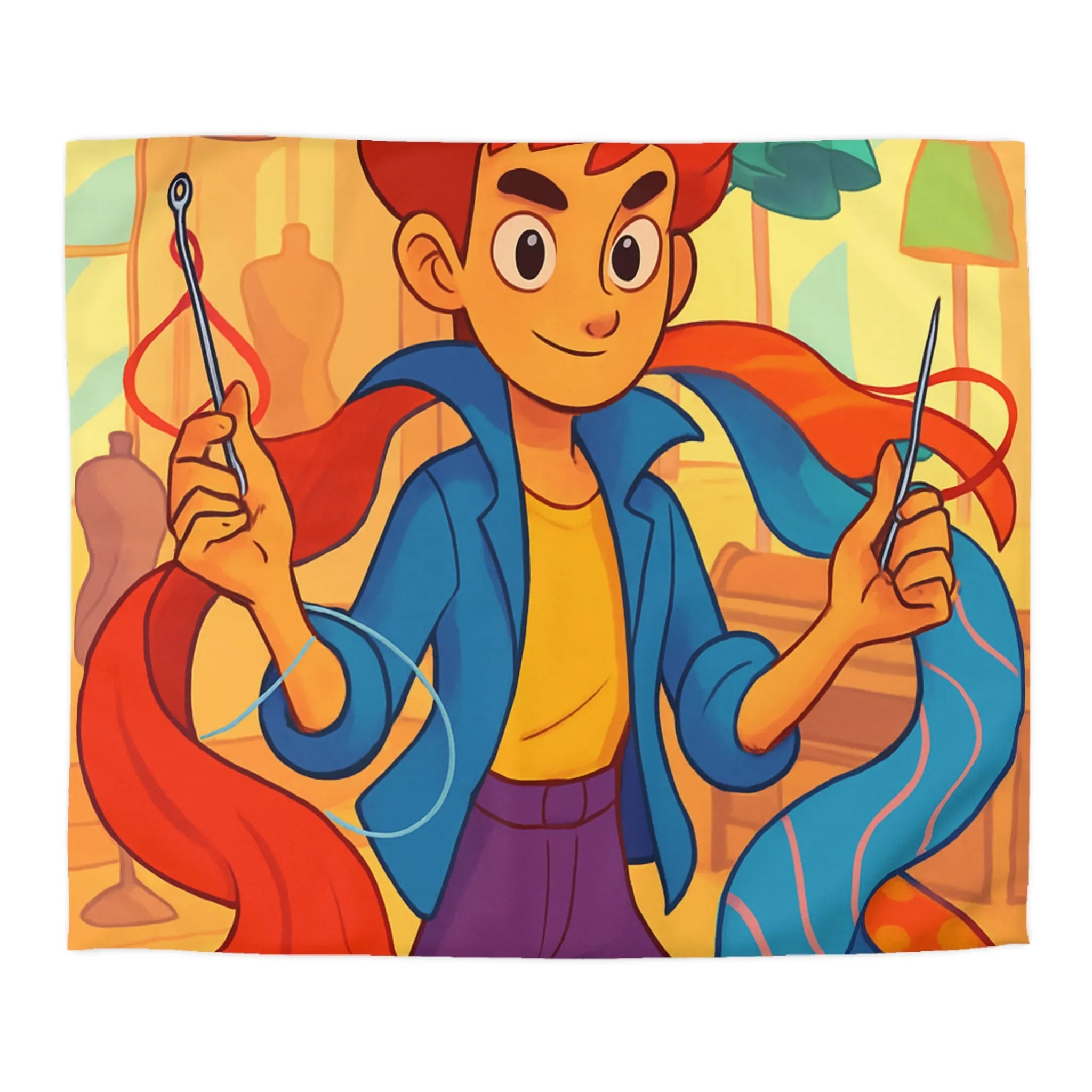 Housse de Couette Enchantée : Jeune Créateur Audacieux Avec Aiguilles, Tissus Colorés, Arrière-Boutique