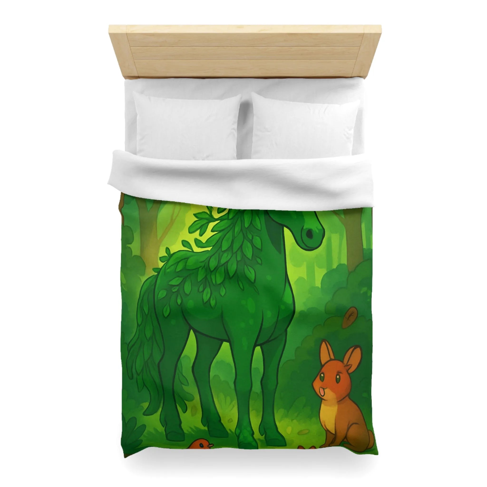 Housse de Couette Forêt Enchantée avec Cheval Vert et Animaux Sylvestres Amicaux