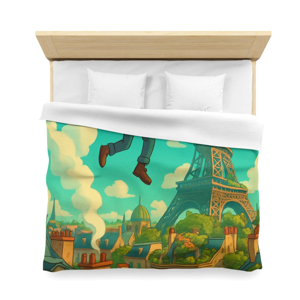 Enchanted Parisian Flight: Kid Floating Above Cityscape with Umbrella and Backpack