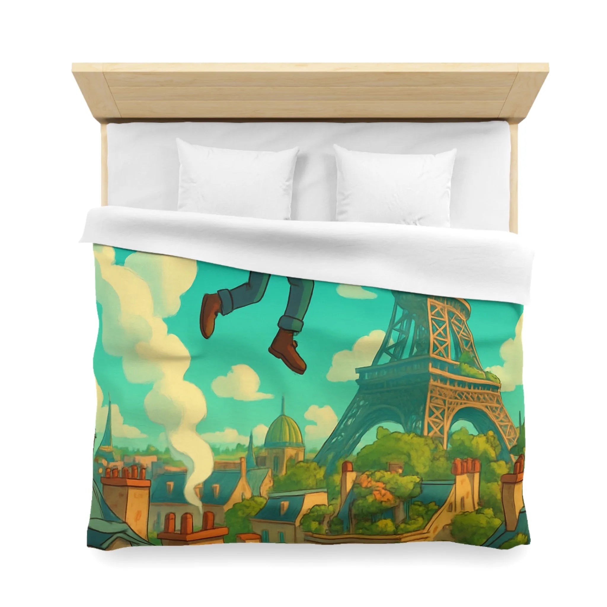 Enchanted Parisian Flight: Kid Floating Above Cityscape with Umbrella and Backpack