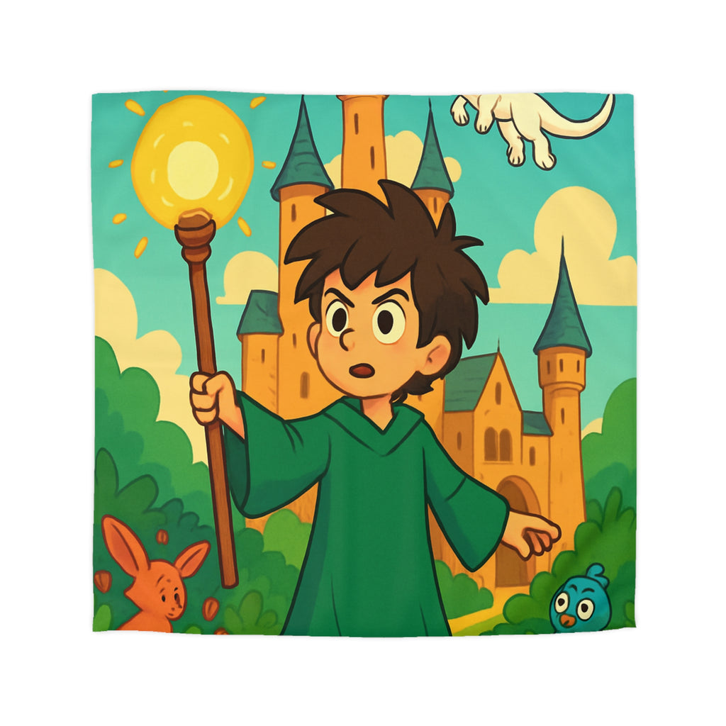 Housse de couette pour enfants avec château magique, dragon et petit magicien coloré