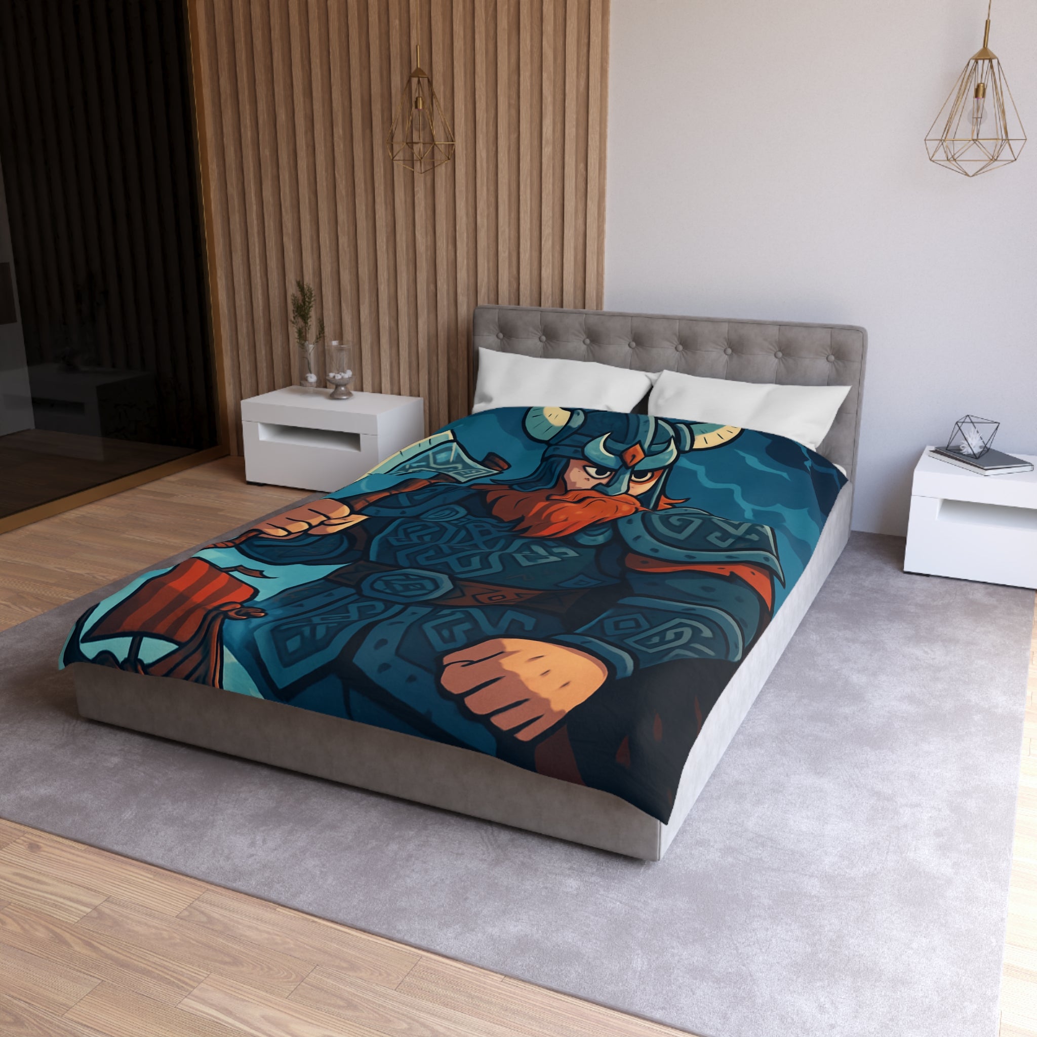 Housse de Couette Viking Illustrée avec Guerrier et Drakkar sur Fond Océan Tempétueux