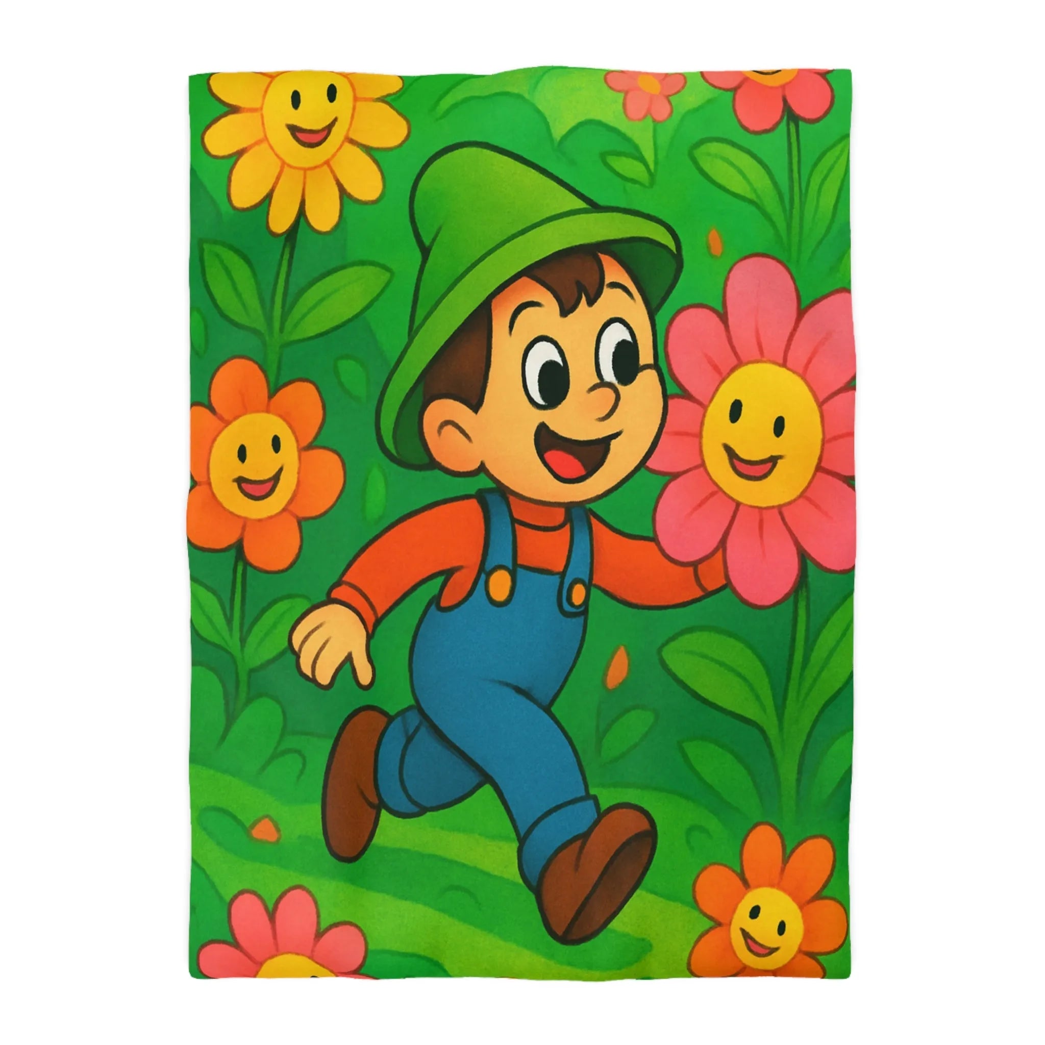 Housse de couette joyeuse avec enfant et fleurs colorées dans un jardin magique