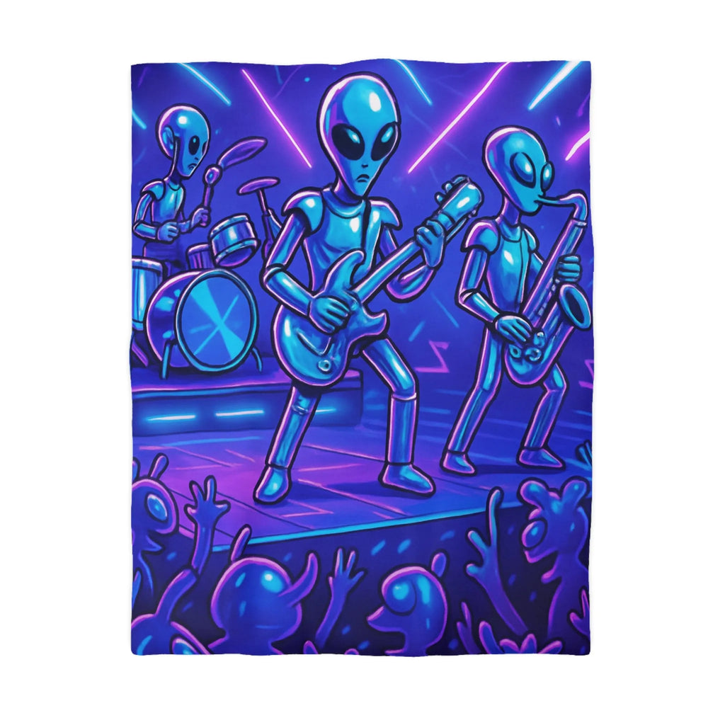 Housse de couette avec extraterrestres musiciens sous lumière néon sur scène futuriste