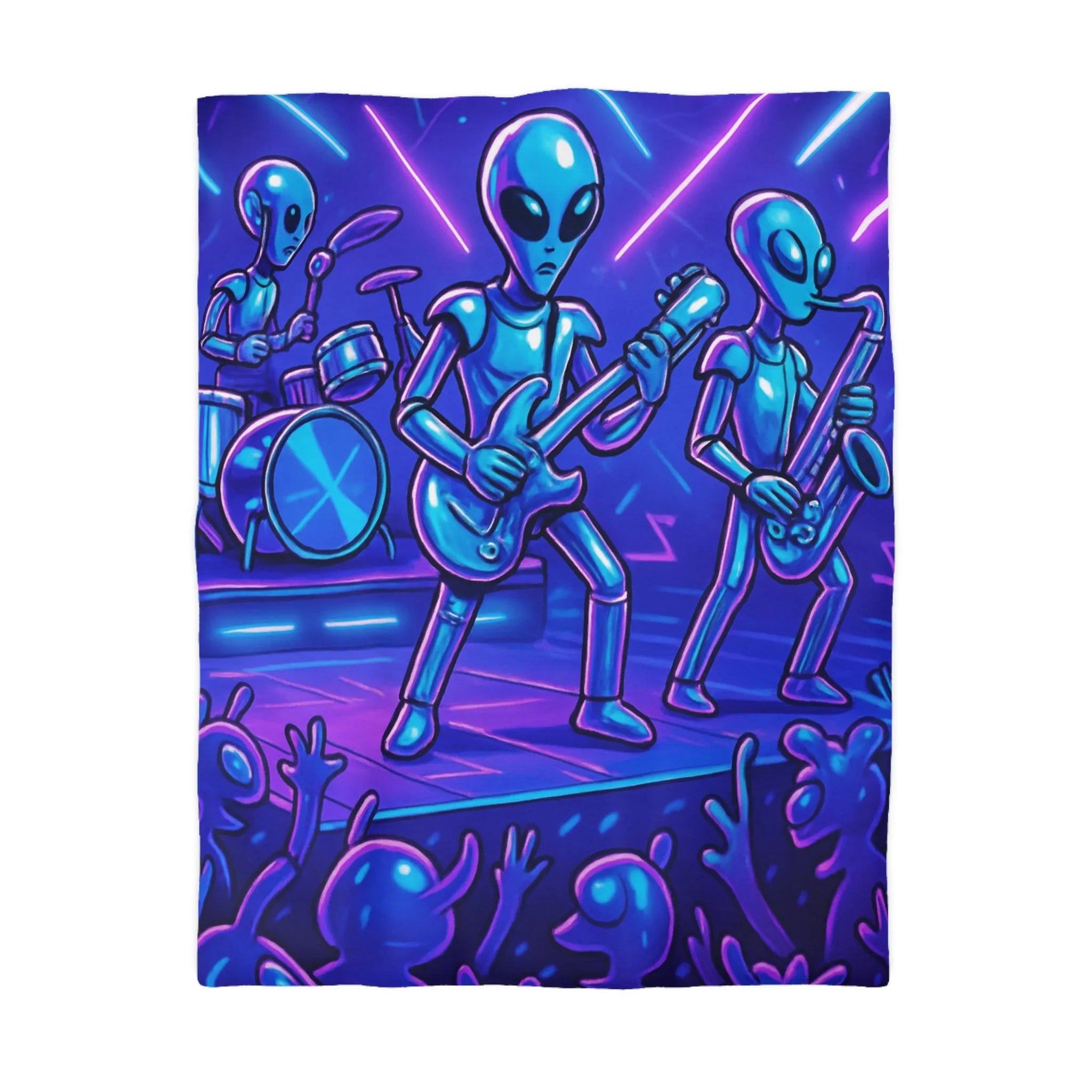 Housse de couette avec extraterrestres musiciens sous lumière néon sur scène futuriste