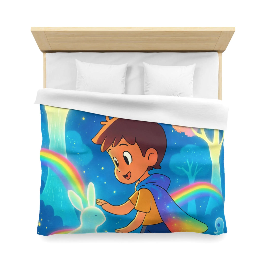 Housse de couette enfantine aux créatures lumineuses et arcs-en-ciel dans forêt enchantée
