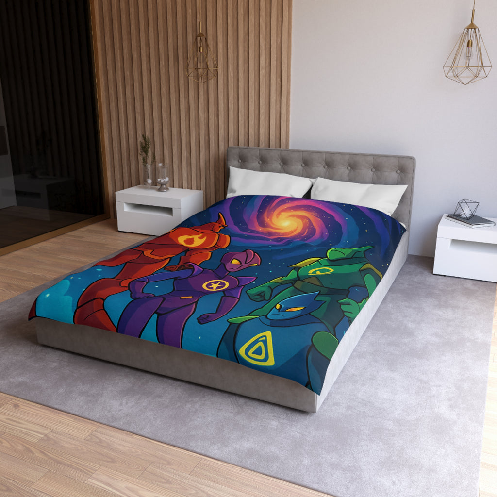 Quatre super-héros colorés avec une galaxie lumineuse, scène de science-fiction