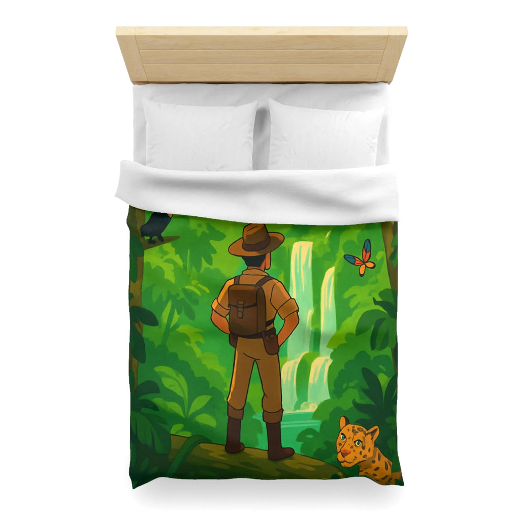 Housse de couette jungle exotique avec explorateur, toucan et paysages luxuriants