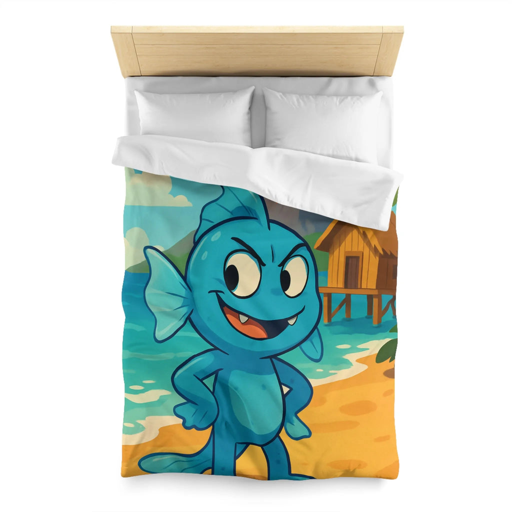 Housse de couette île tropicale avec poisson bleu et volcan en arrière-plan