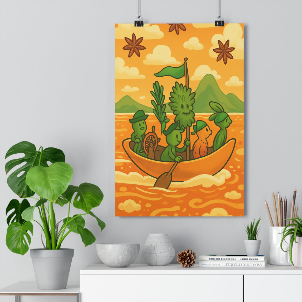 Poster décoratif ingrédients cartoon aventureux orange vert étoiles chambre enfant ambiance joyeuse vibrant unique