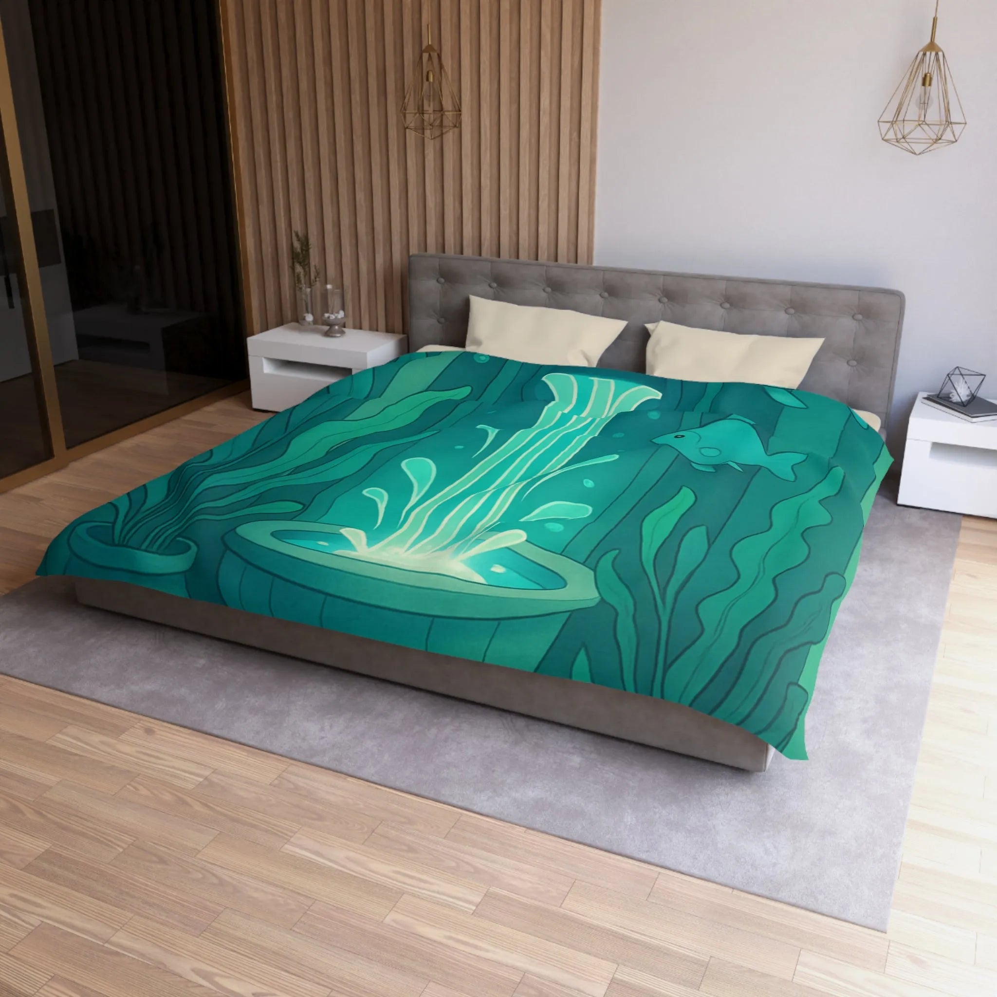 Housse de Couette Art Nouveau Illustrée Fontaine Poissons Teintes Bleues Calmes Décoration Intérieure