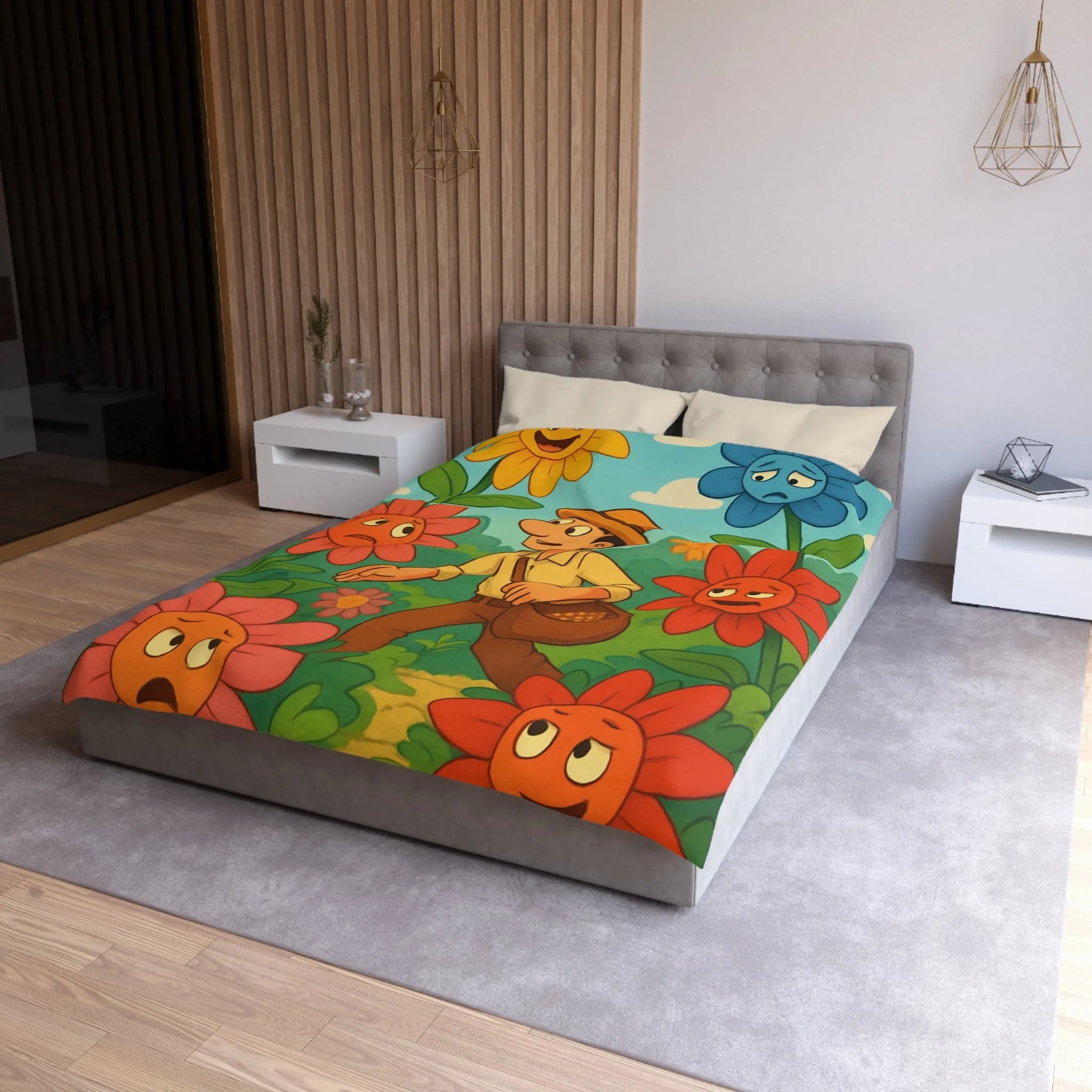 Housse de couette colorée avec jardin de fleurs expressives et personnage en promenade
