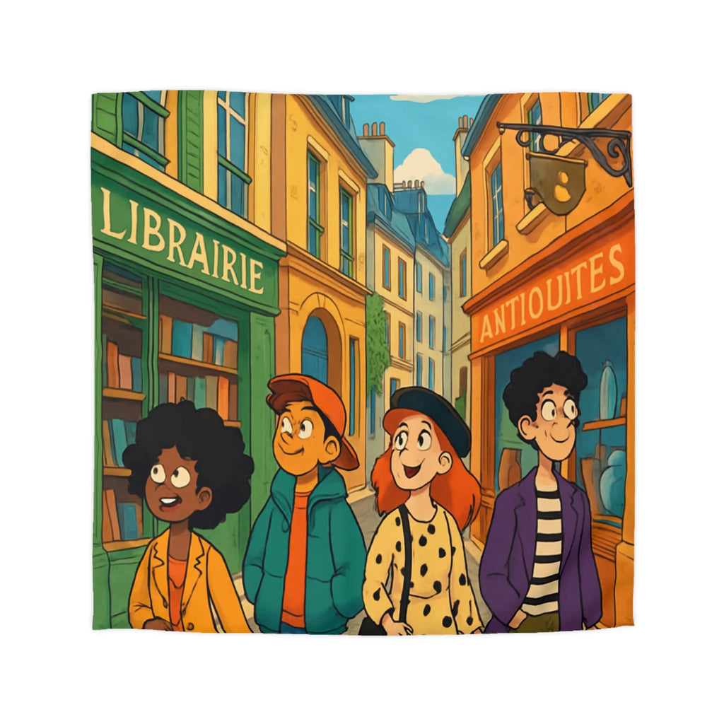 Housse de couette élégante avec design de rue parisienne animée et jeunes explorateurs