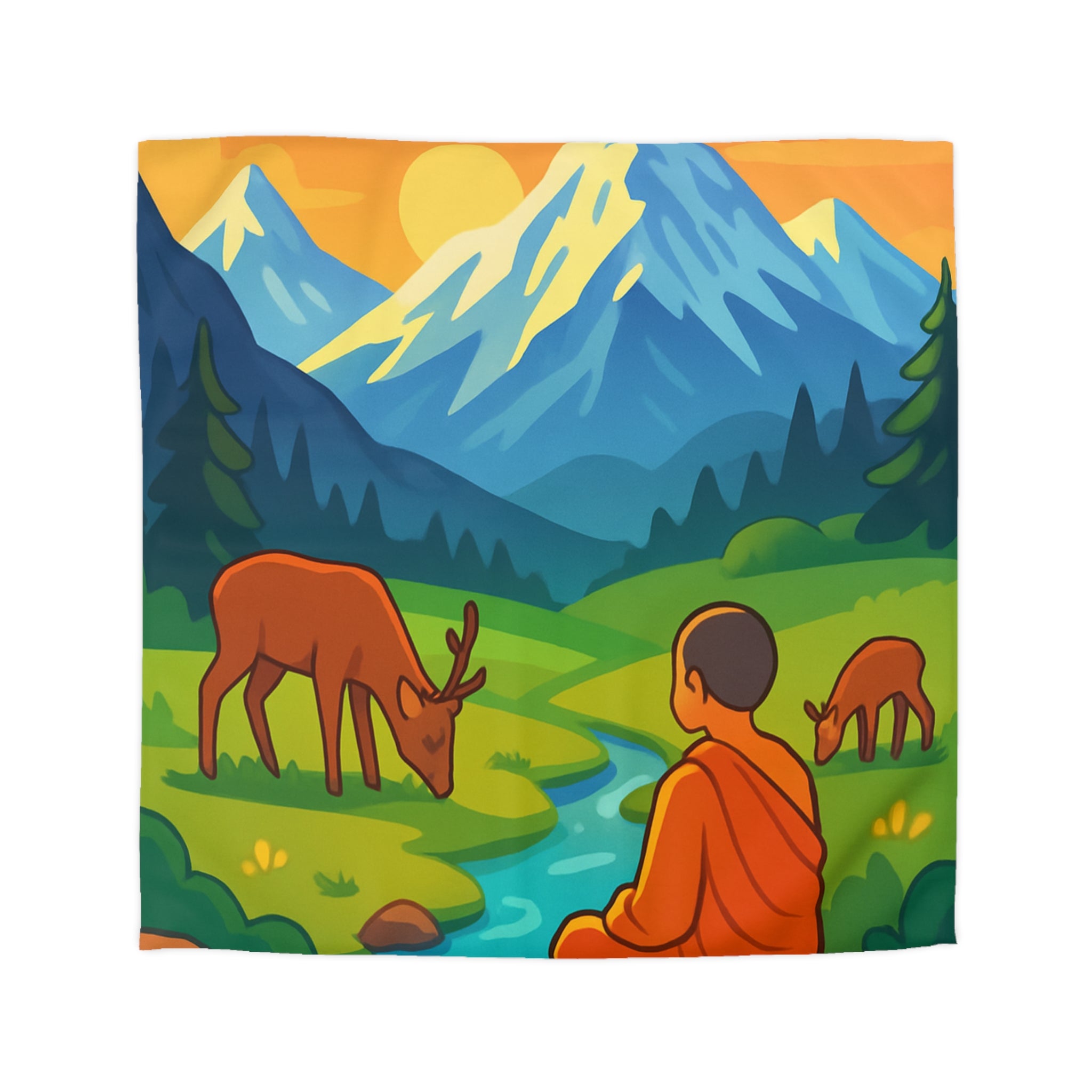 Housse de couette zen avec paysage montagneux, moine, cerfs et rivière tranquille