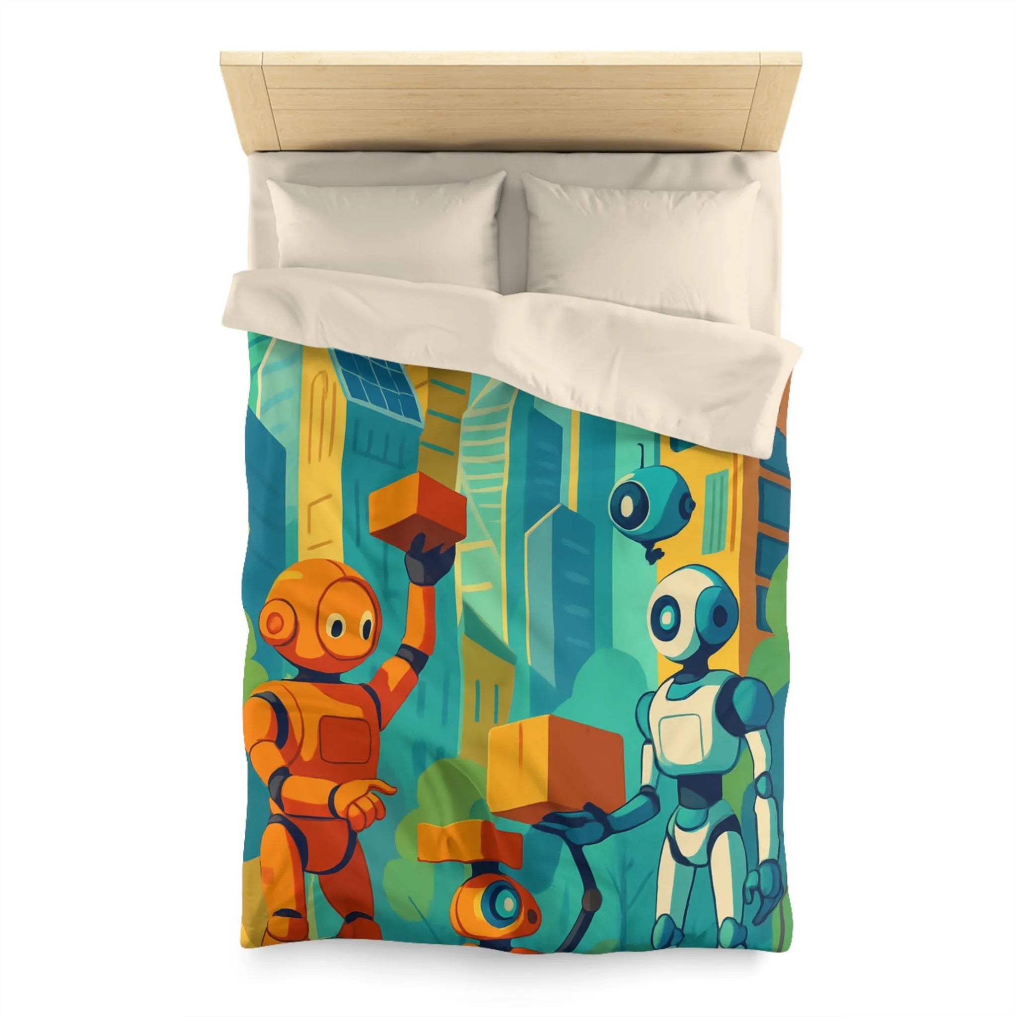 Housse de couette futuriste avec robots colorés dans une ville moderne lumineuse