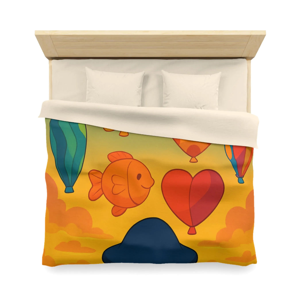 Housse de couette enfant avec montgolfières colorées et paysage au coucher du soleil