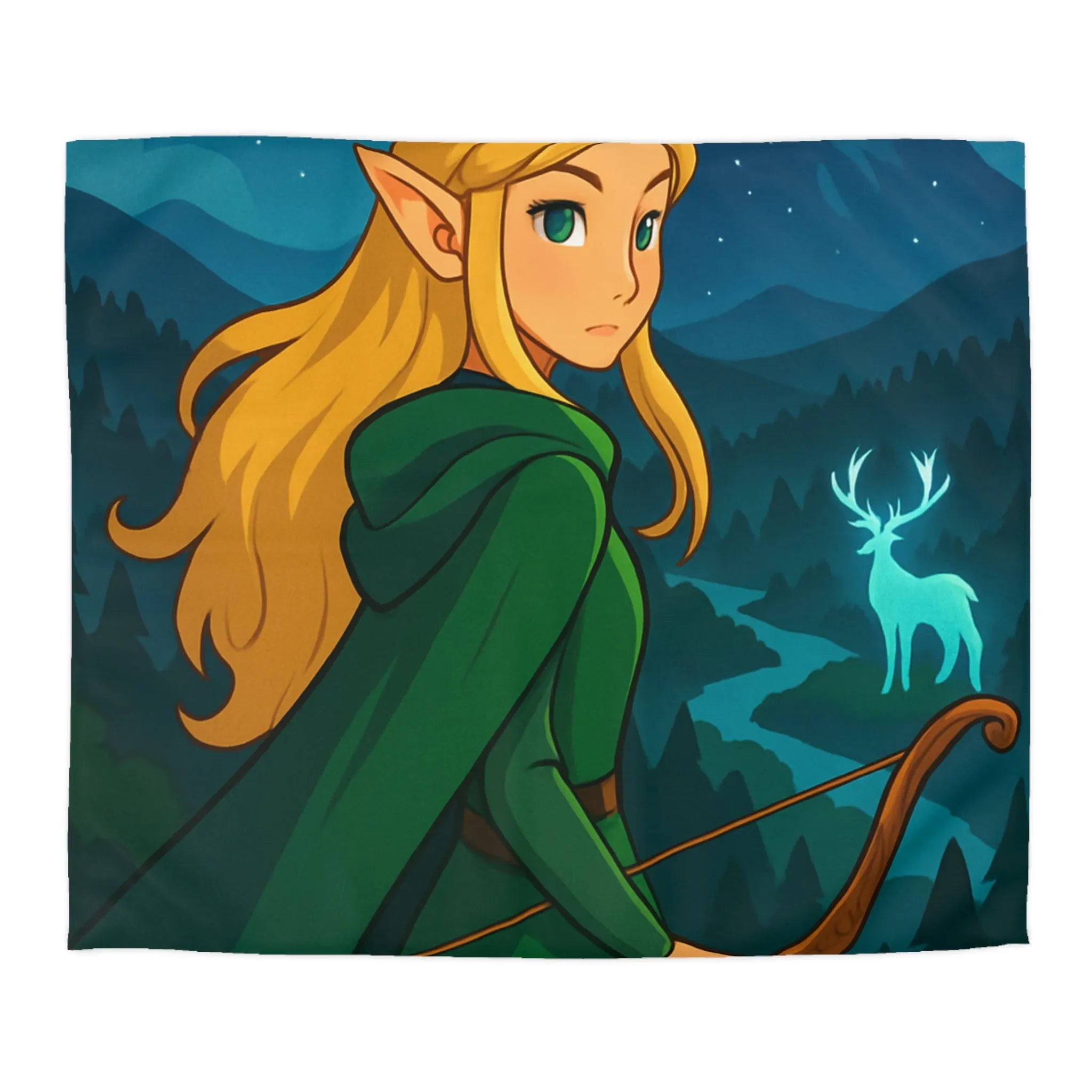 Housse de couette avec elfe archère, cerf lumineux, forêt montagneuse et ciel étoilé