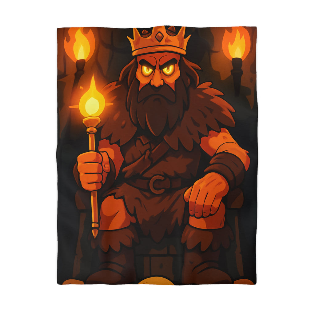 Housse de couette sombre et royale avec roi menaçant, couronne et torches flamboyantes