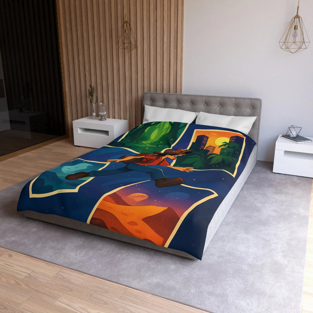 Housse de couette colorée avec illustrations d'aventure forêt, ville, désert, espace