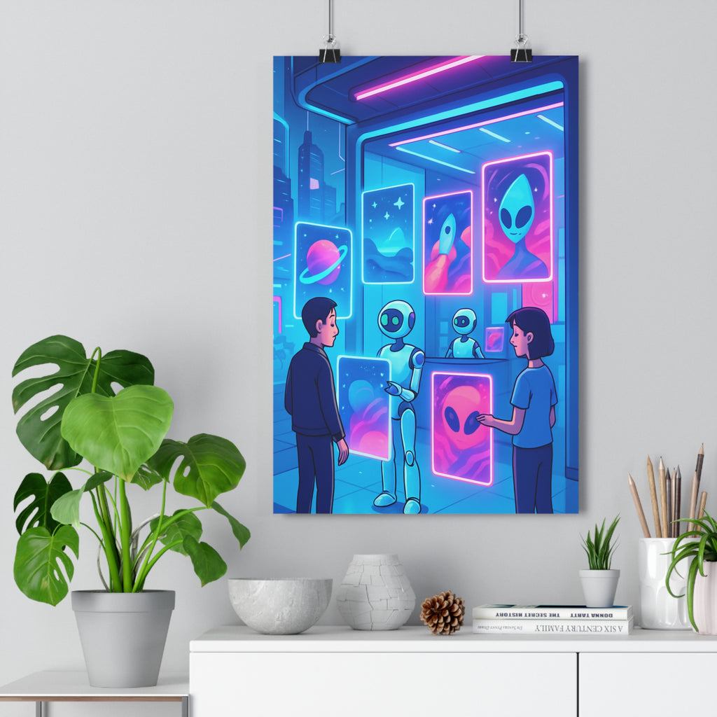Poster décoratif futuriste néon rose bleu robots humanoïdes moderne chambre enfant tendance style cartoon