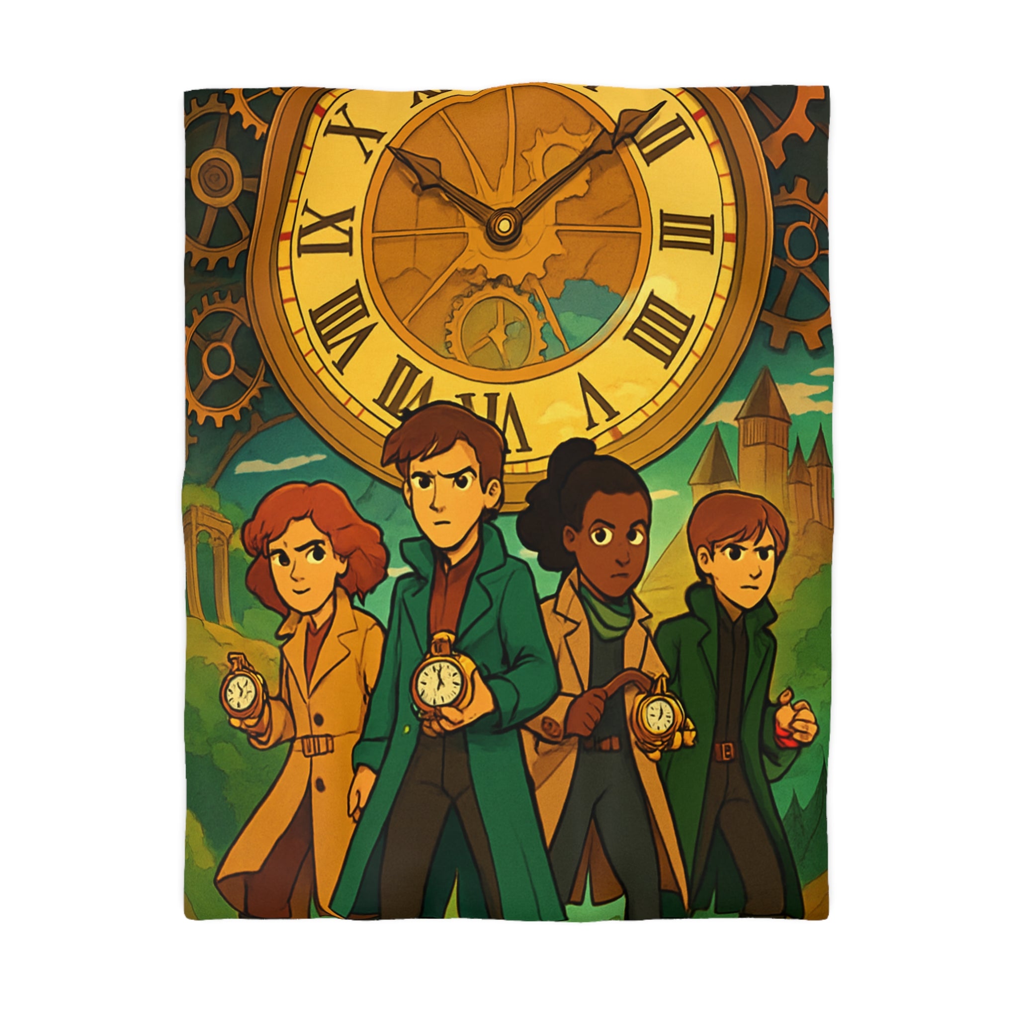 Housse de couette style aventure avec horloge vintage et personnages détectives mystérieux