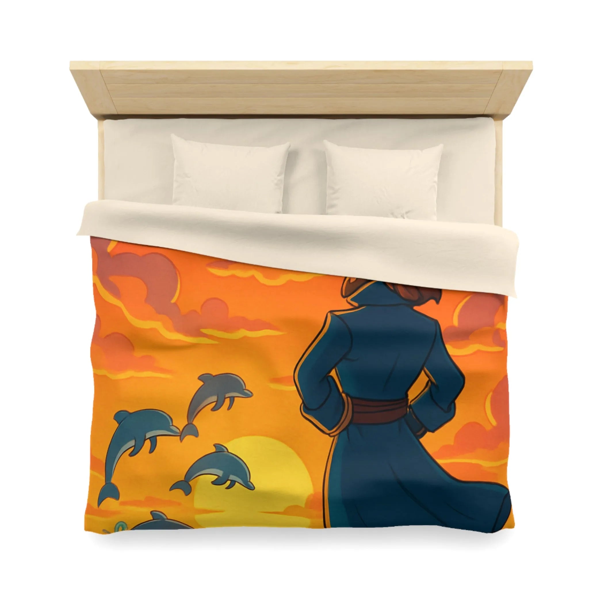 Housse de couette avec pirate contemplant dauphins sous ciel flamboyant au coucher du soleil