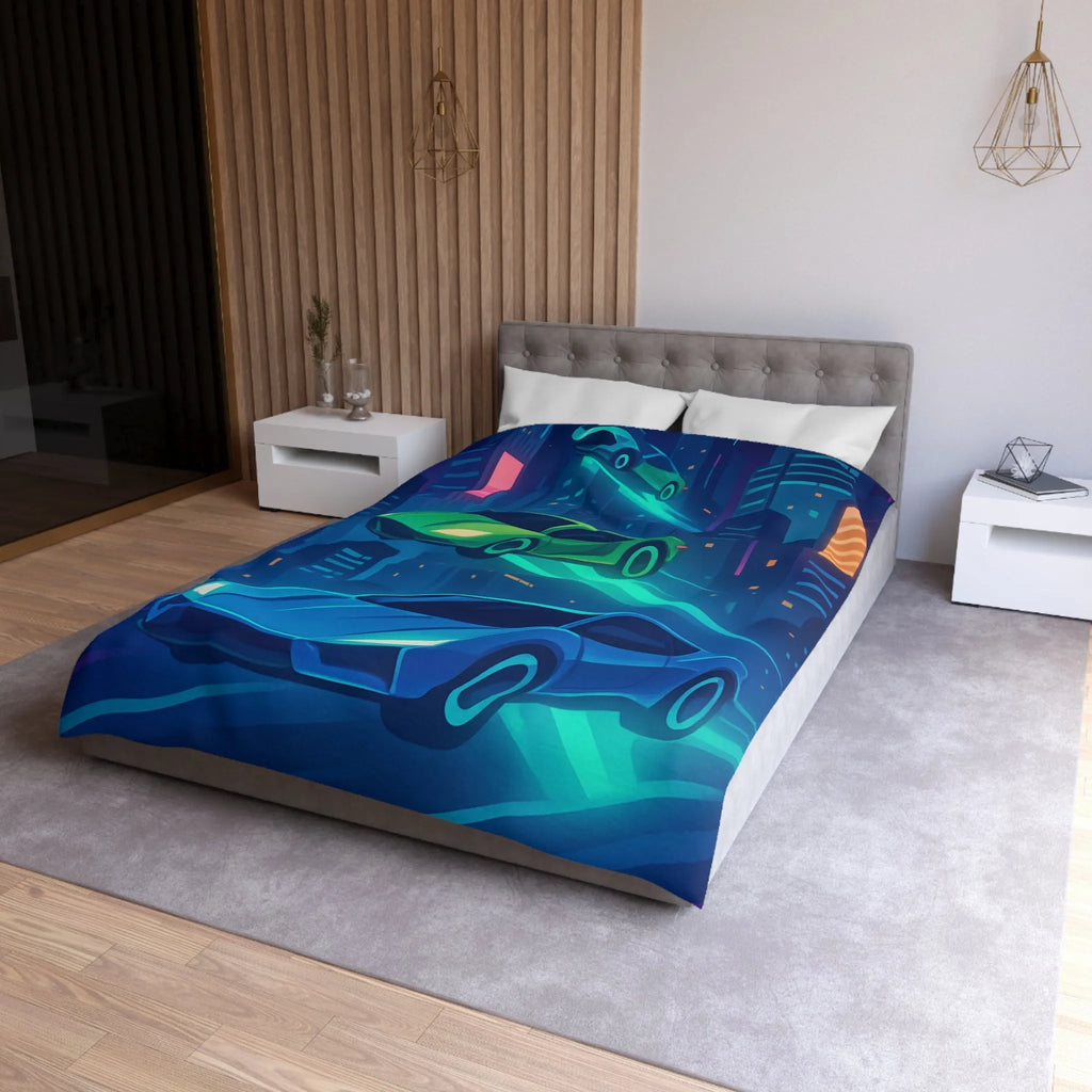 Découvrez des voitures futuristes illuminées flottant dans un ciel urbain nocturne vibrant