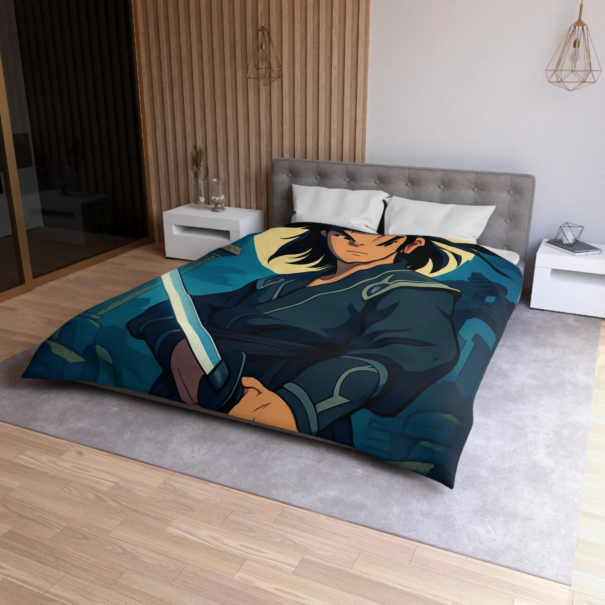 Housse de couette épique avec guerrier anime sous lune mystique et ruines anciennes