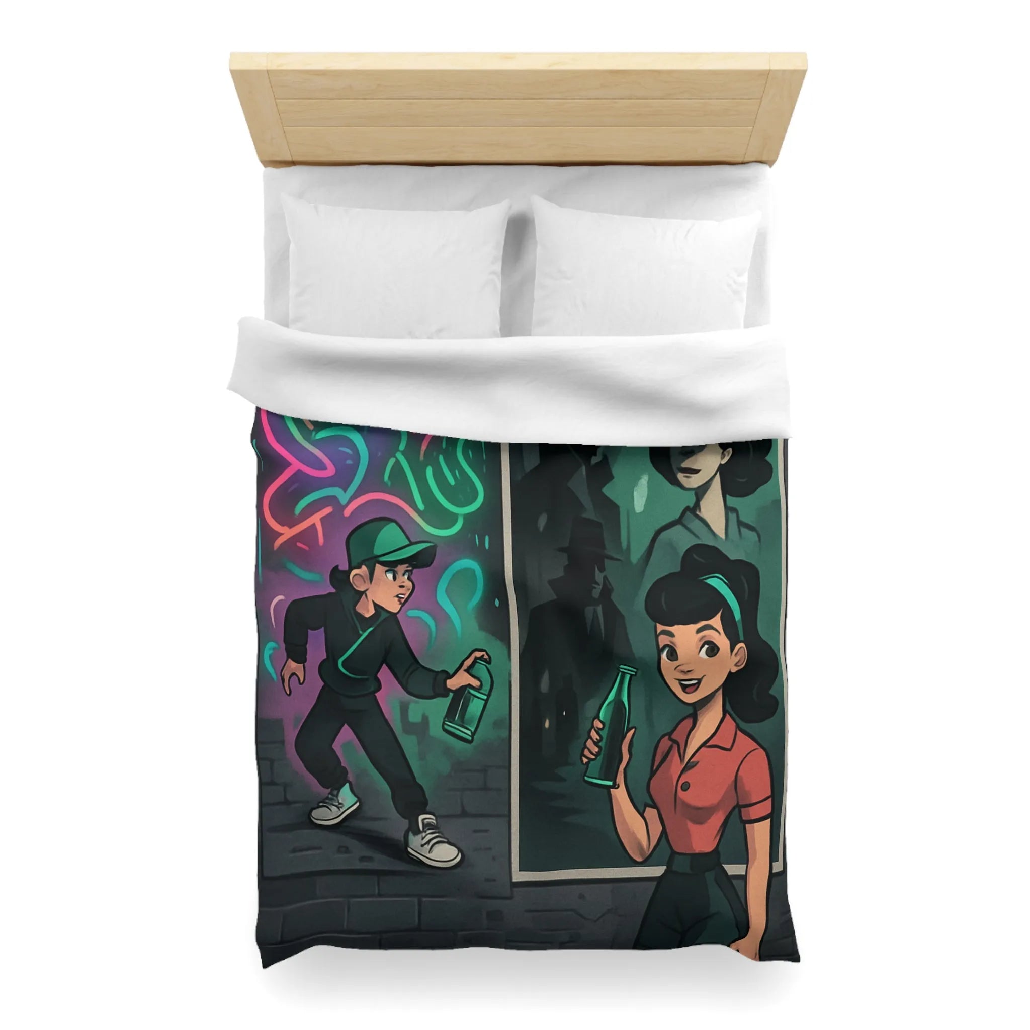 Housse de couette illustrée avec scène de rue colorée et personnages mystérieux