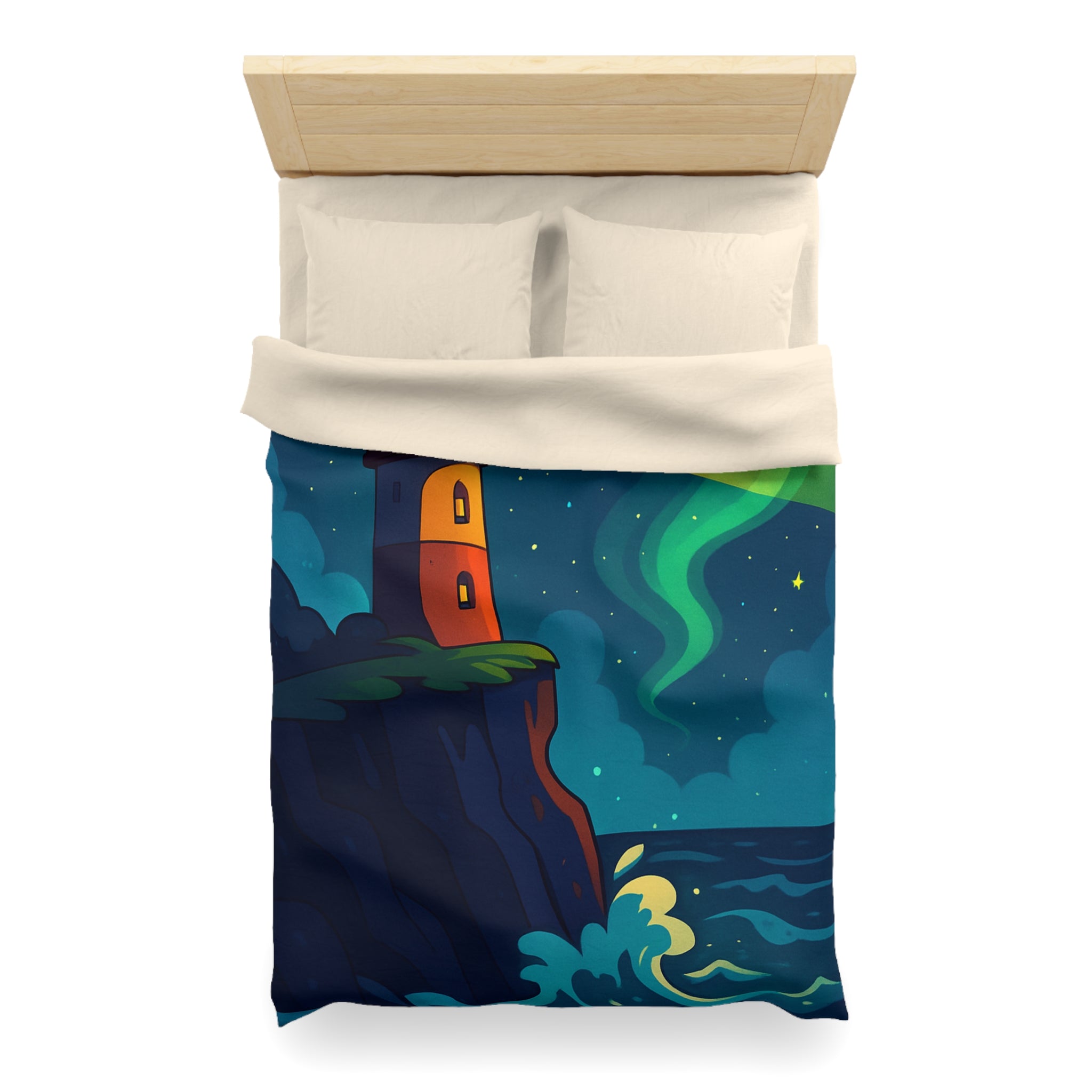 Housse de couette phare rouge illuminant océan étoilé, paysage nocturne inspirant rêve.