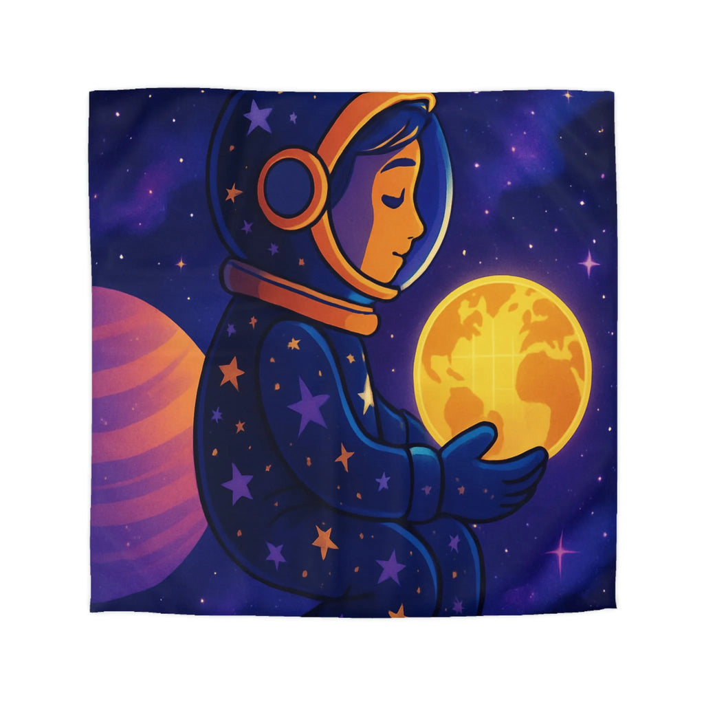 Housse de couette cosmos enfantine avec astronaute rêveur tenant une planète lumineuse