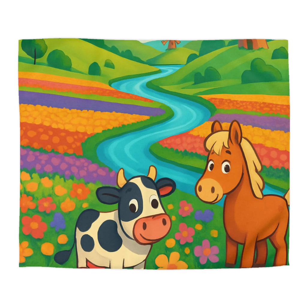 Housse de couette enfantine illustrée animaux de ferme joyeux et paysage champêtre coloré