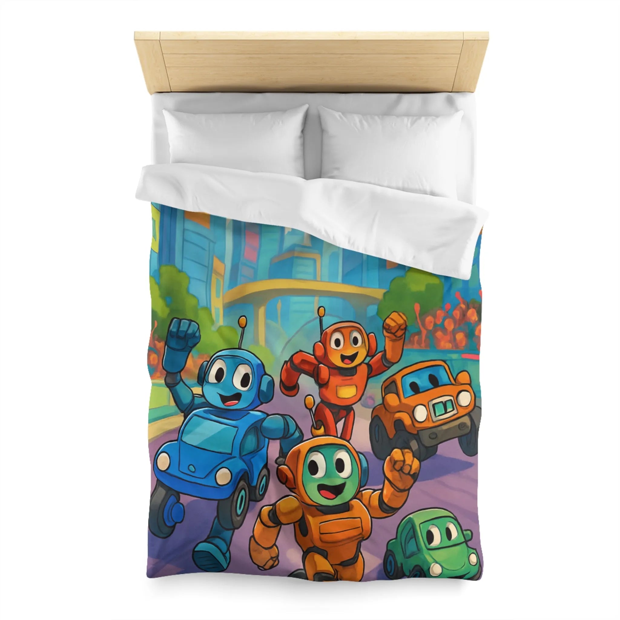 Housse de Couette Animée avec Robots Joyeux et Ville Futuriste pour Enfants