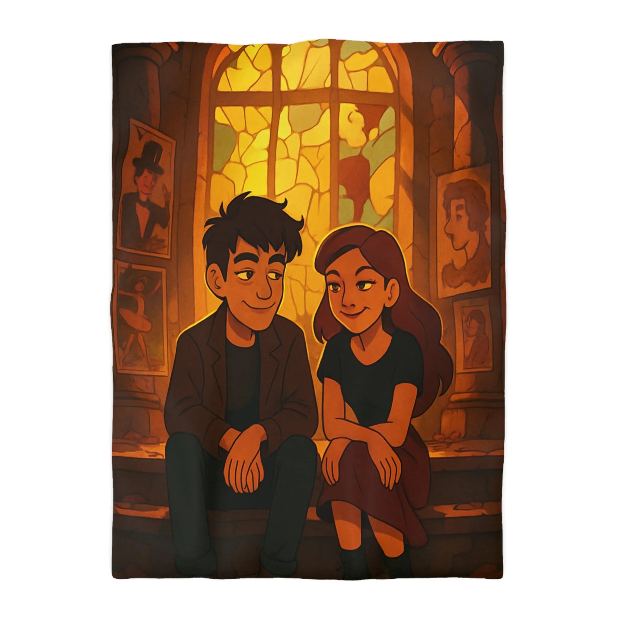 Housse de couette avec illustration romantique de couple devant vitrail chaleureux et intime