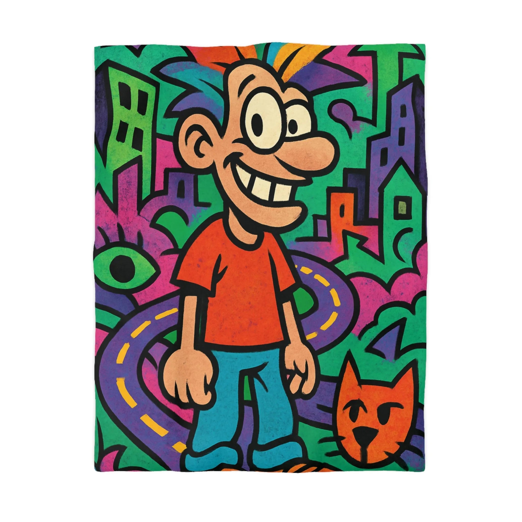 Housse de couette colorée motifs urbains et dessins animés, style pop art dynamique