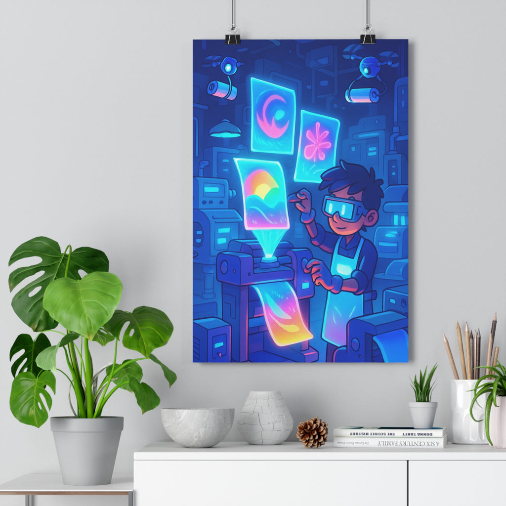 Poster décoratif futuriste néon bleu rose jaune salon bureau hightech tendance innovation moderne ambiance