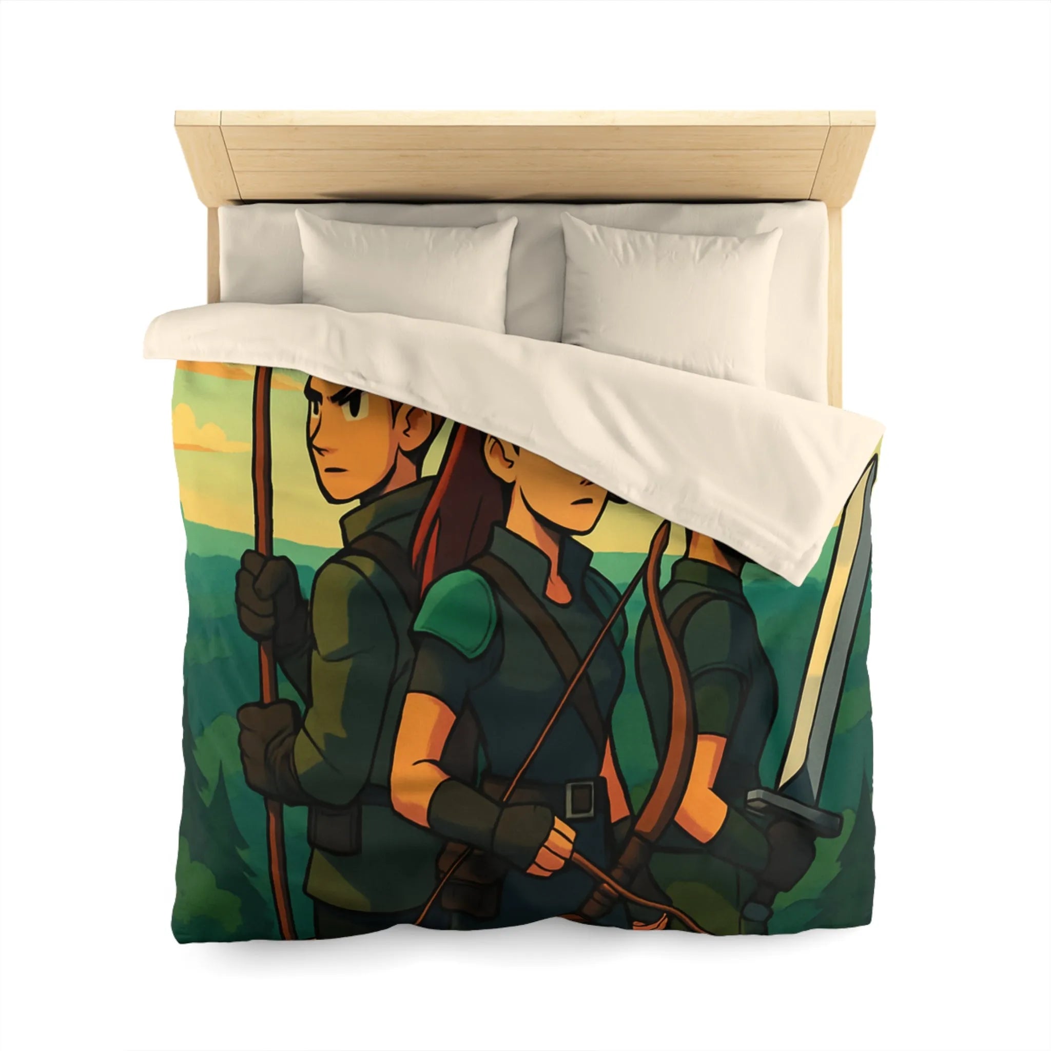 Housse de couette illustrée trois héros médiévaux arc épée forêt château aube