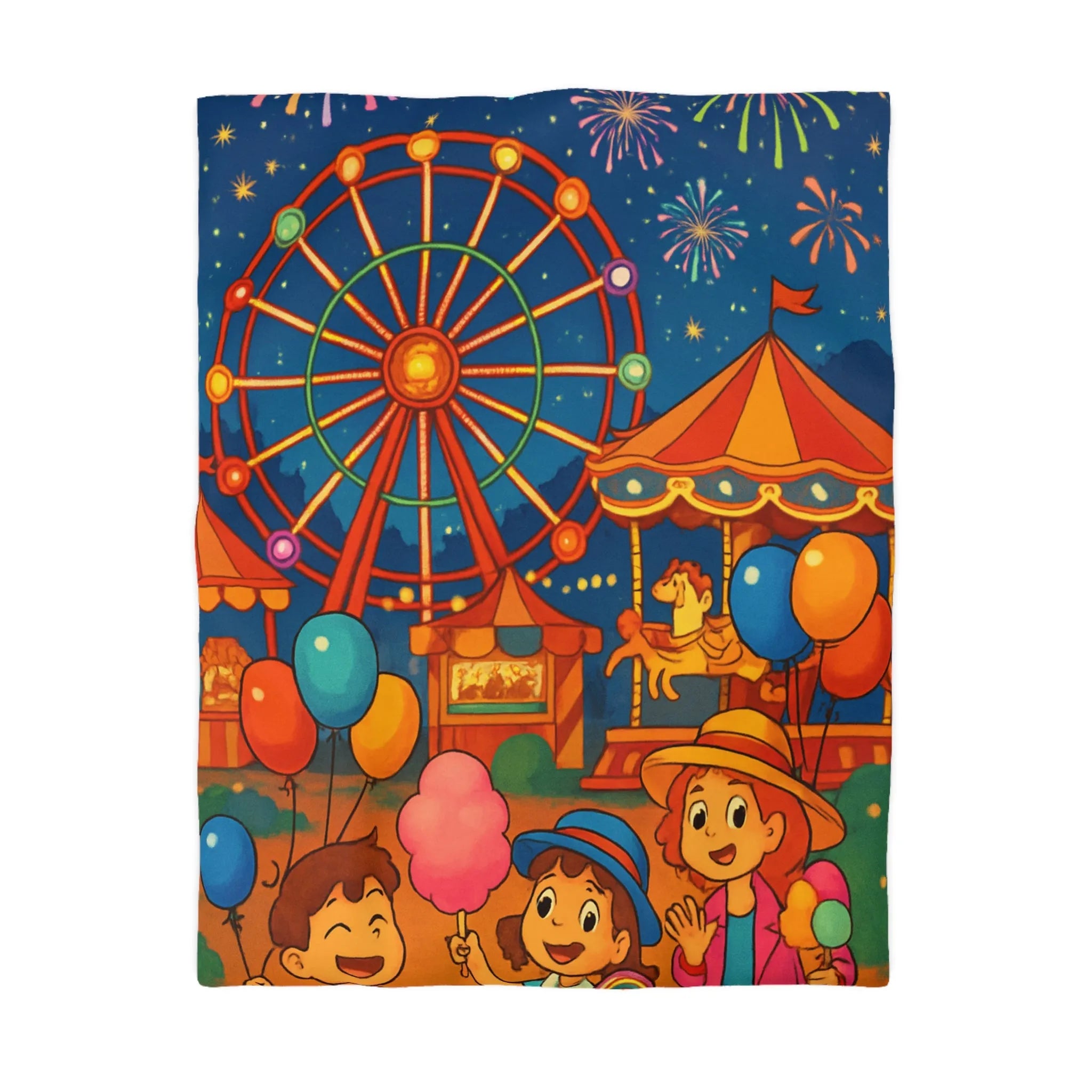 Housse de Couette Enfantine avec Grande Roue, Enfants et Feux d’Artifice Colorés